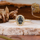 1 Carat Oval Cut Classic Black Rutilated Quartz Ring Half Eternity Band Halo Ring